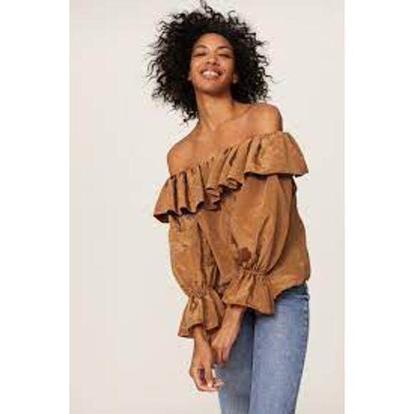 MISA Los Angeles Antique Gold Ruffled Off the shoulder Top Sz M Boho - Picture 1 of 7